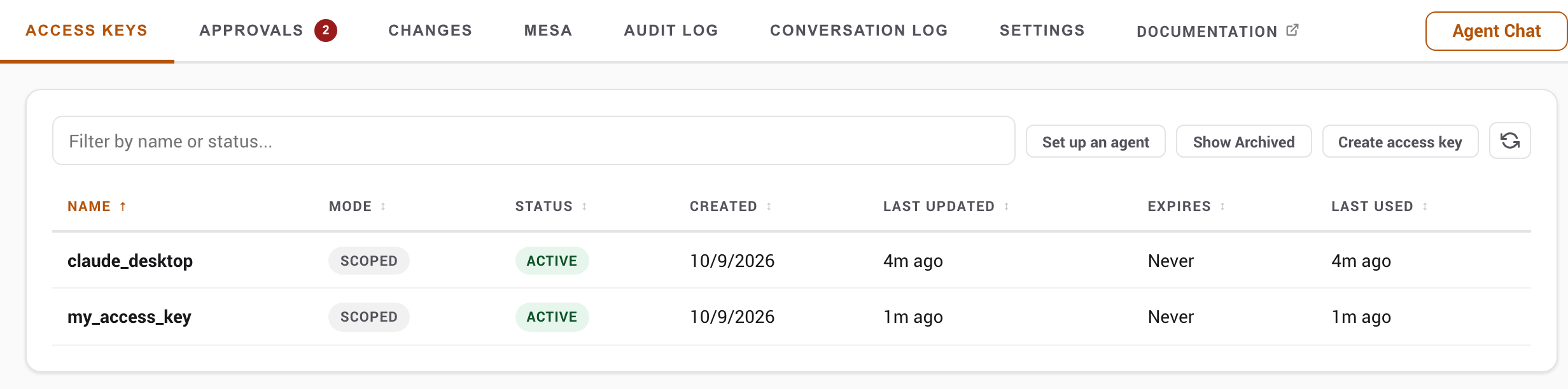The Access keys tab with the Set up an agent button