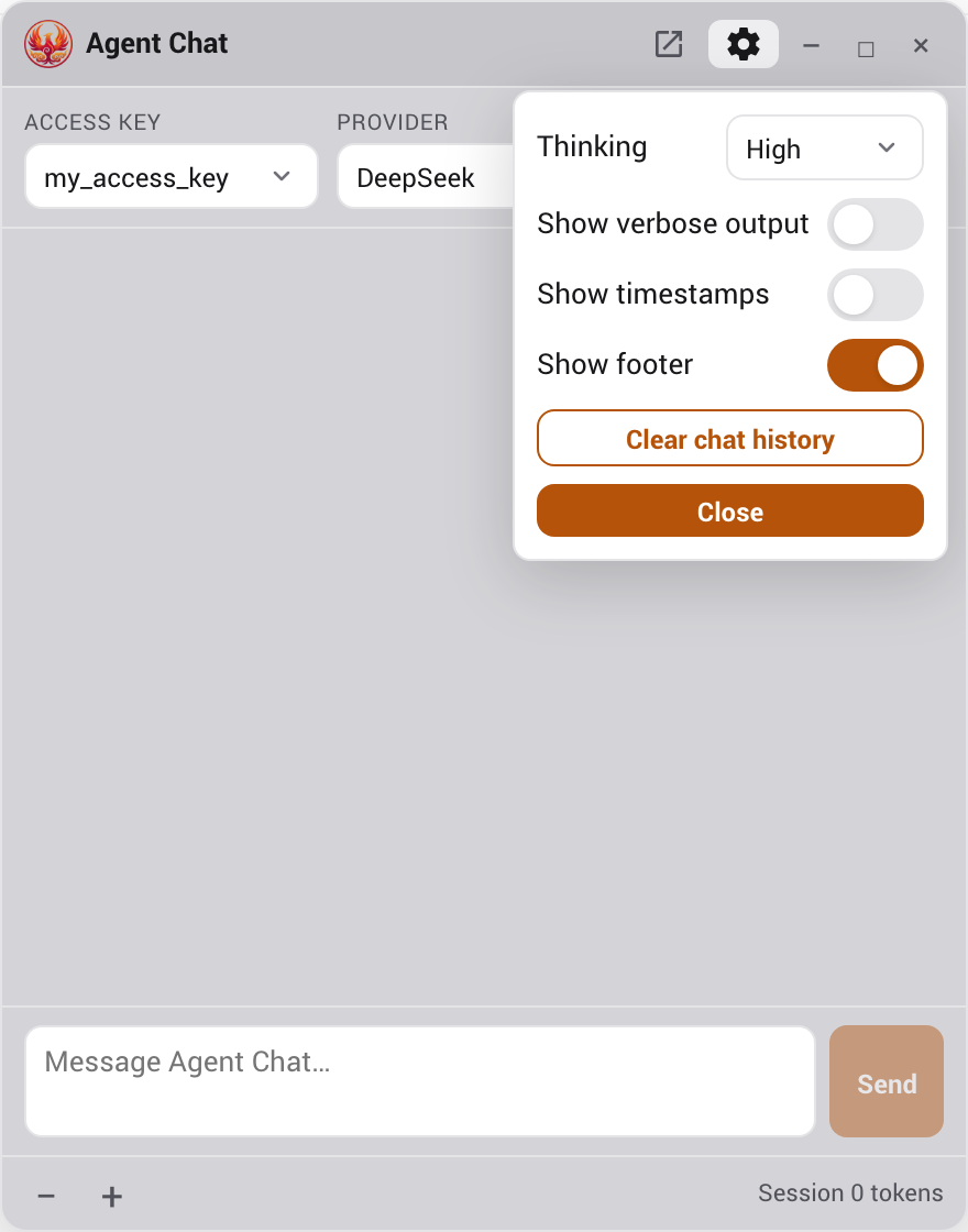 The Agent Chat options popover with Thinking, verbose output, timestamps, footer and Clear chat history