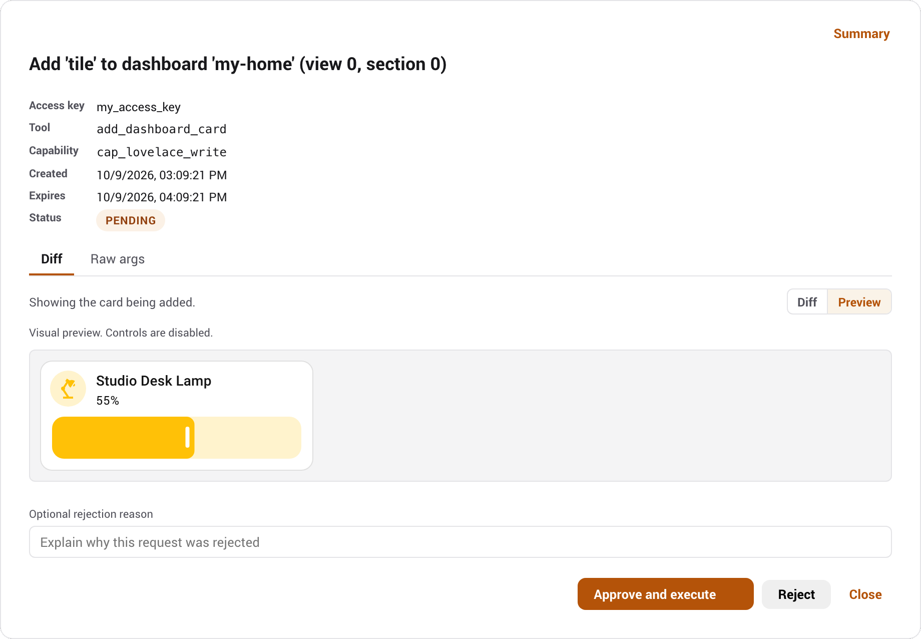 An approval to add a tile card to a dashboard, switched to Preview to show the card as it would appear