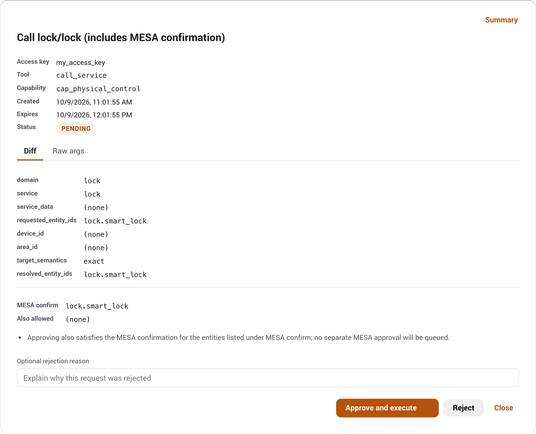 A pending MESA confirmation approval with its diff and approve or reject actions