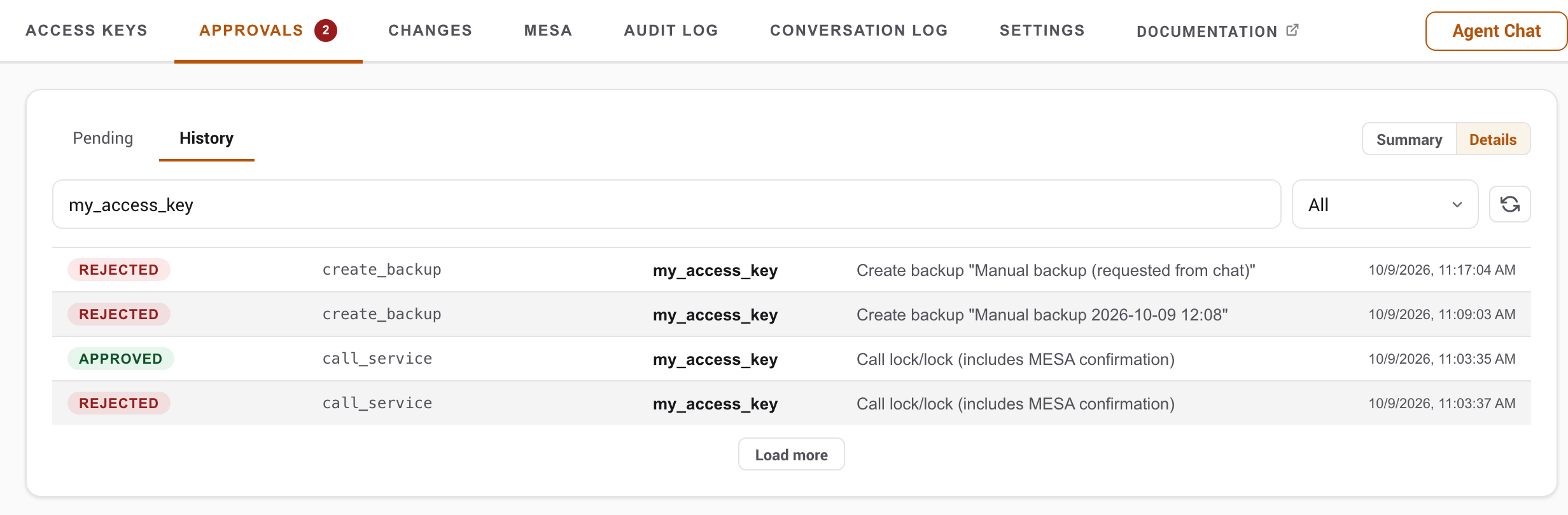 The Approvals History tab filtered to one access key, showing approved and rejected requests