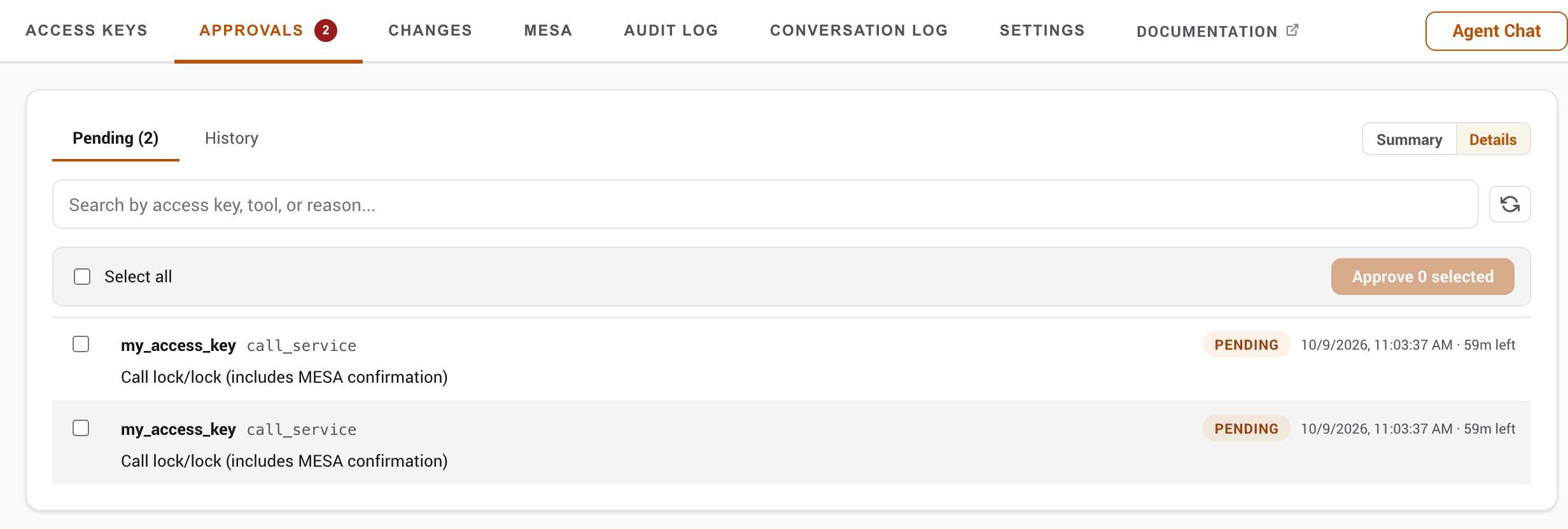The Approvals tab showing two pending approvals with a Select all control