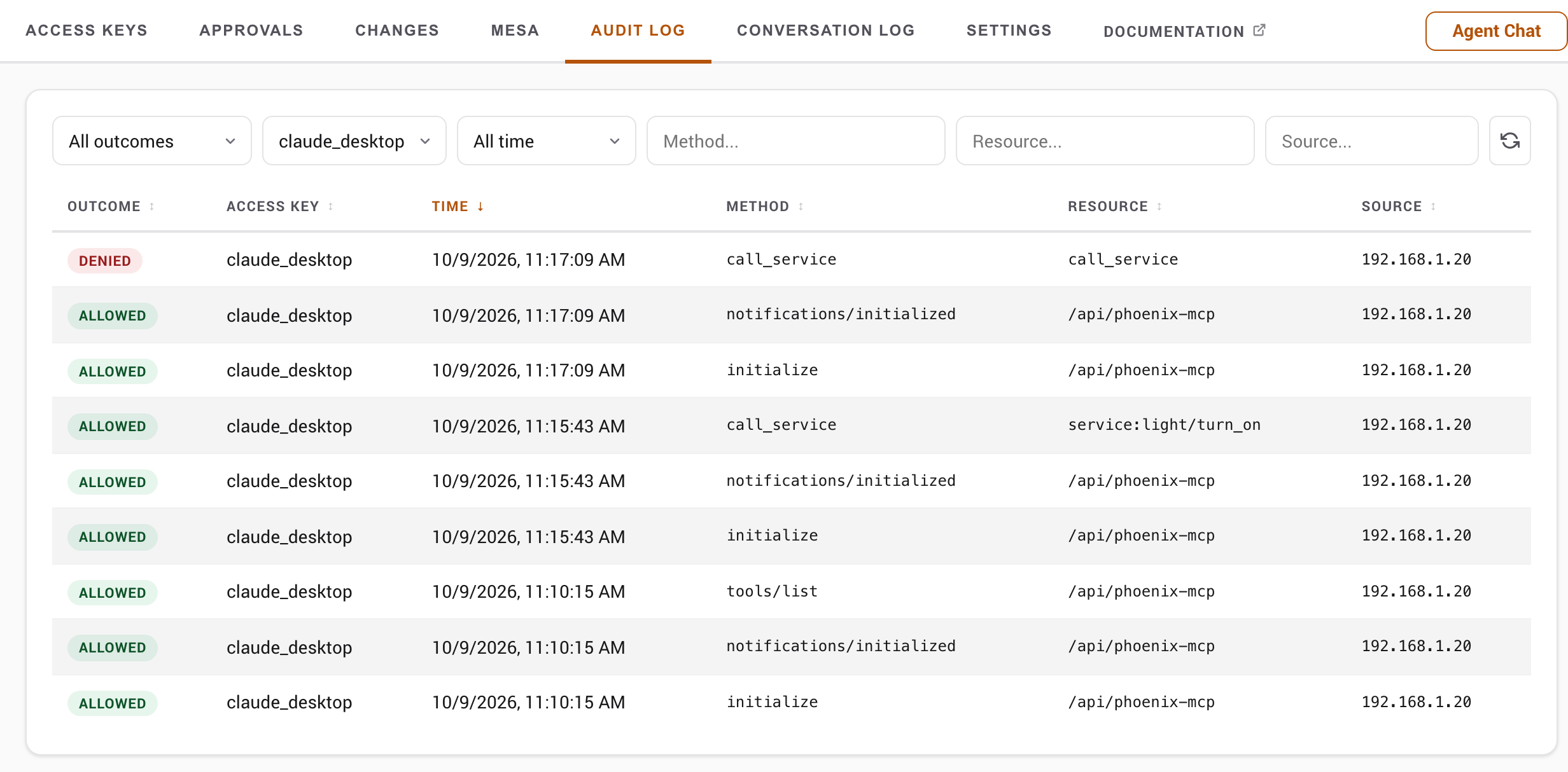 The Audit Log tab filtered to one access key, showing a denied call and several allowed requests with their method, resource and source
