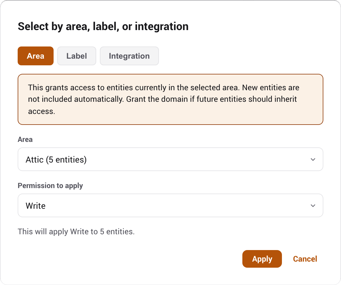 The bulk permission dialog grouping entities by area