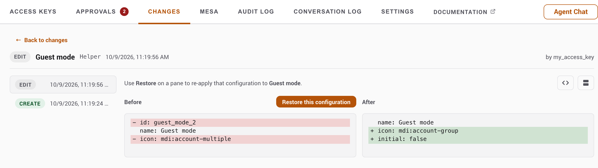 A change opened to show Before and After YAML with the Restore this configuration button
