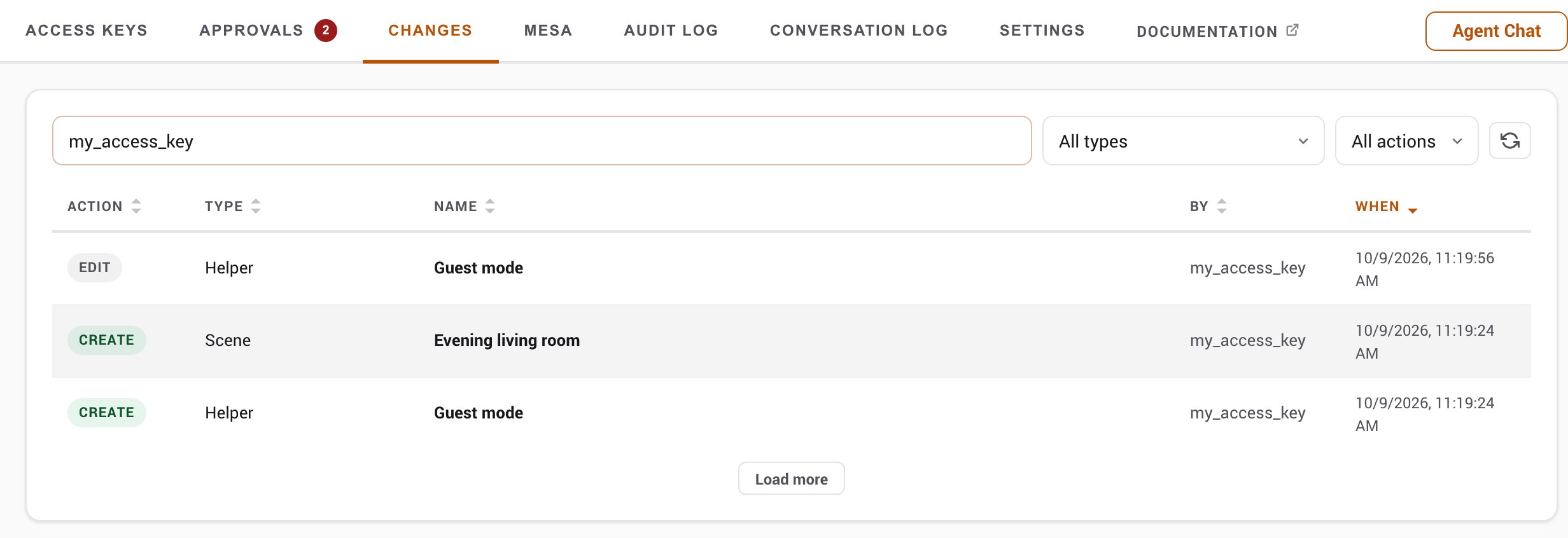 The Changes tab listing a scene and a helper created by an access key
