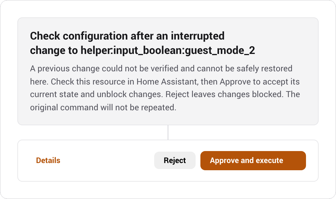 A configuration recovery review in Approvals asking you to check the resource in Home Assistant before approving