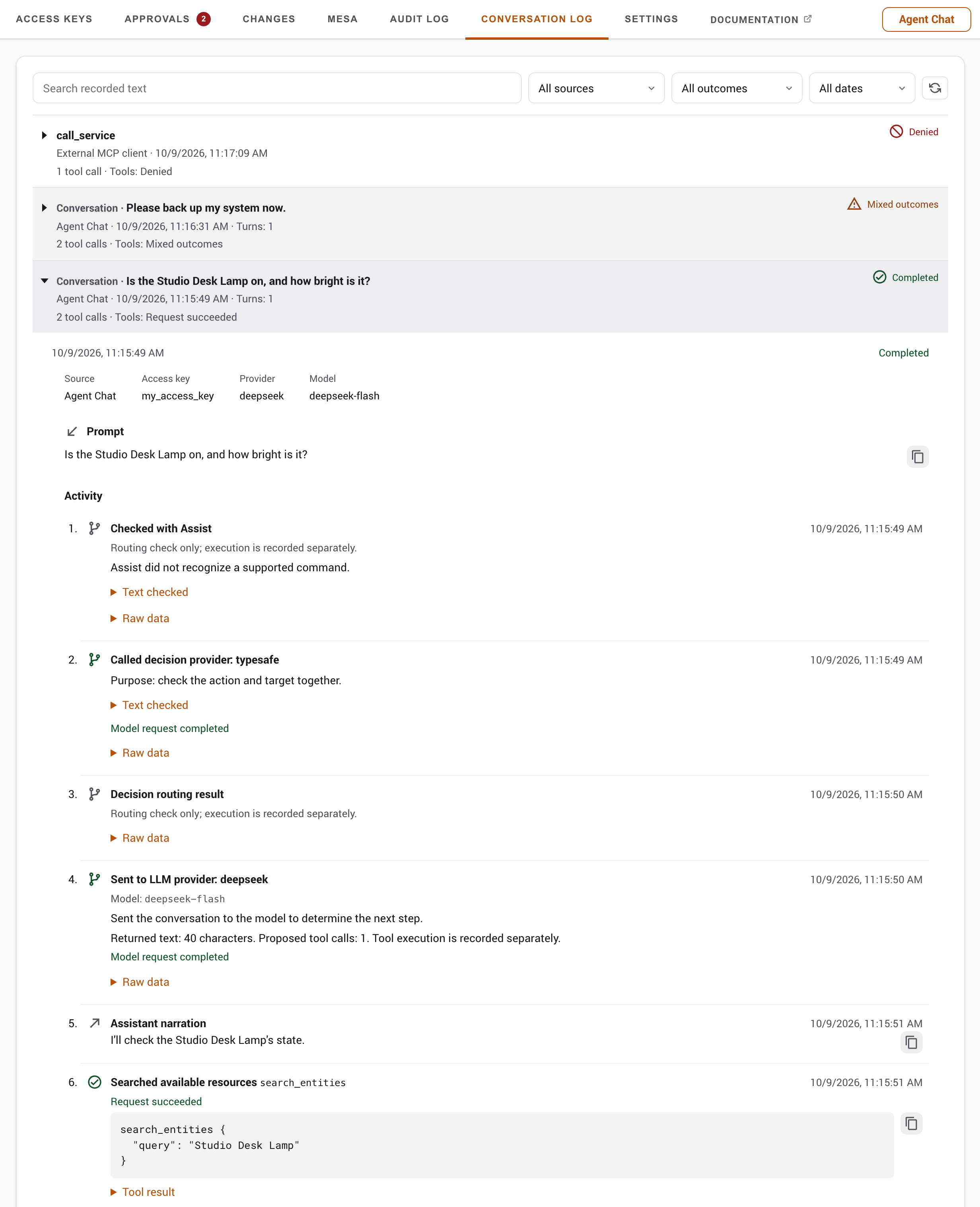An expanded Agent Chat conversation showing the prompt, routing checks, model requests and tool calls