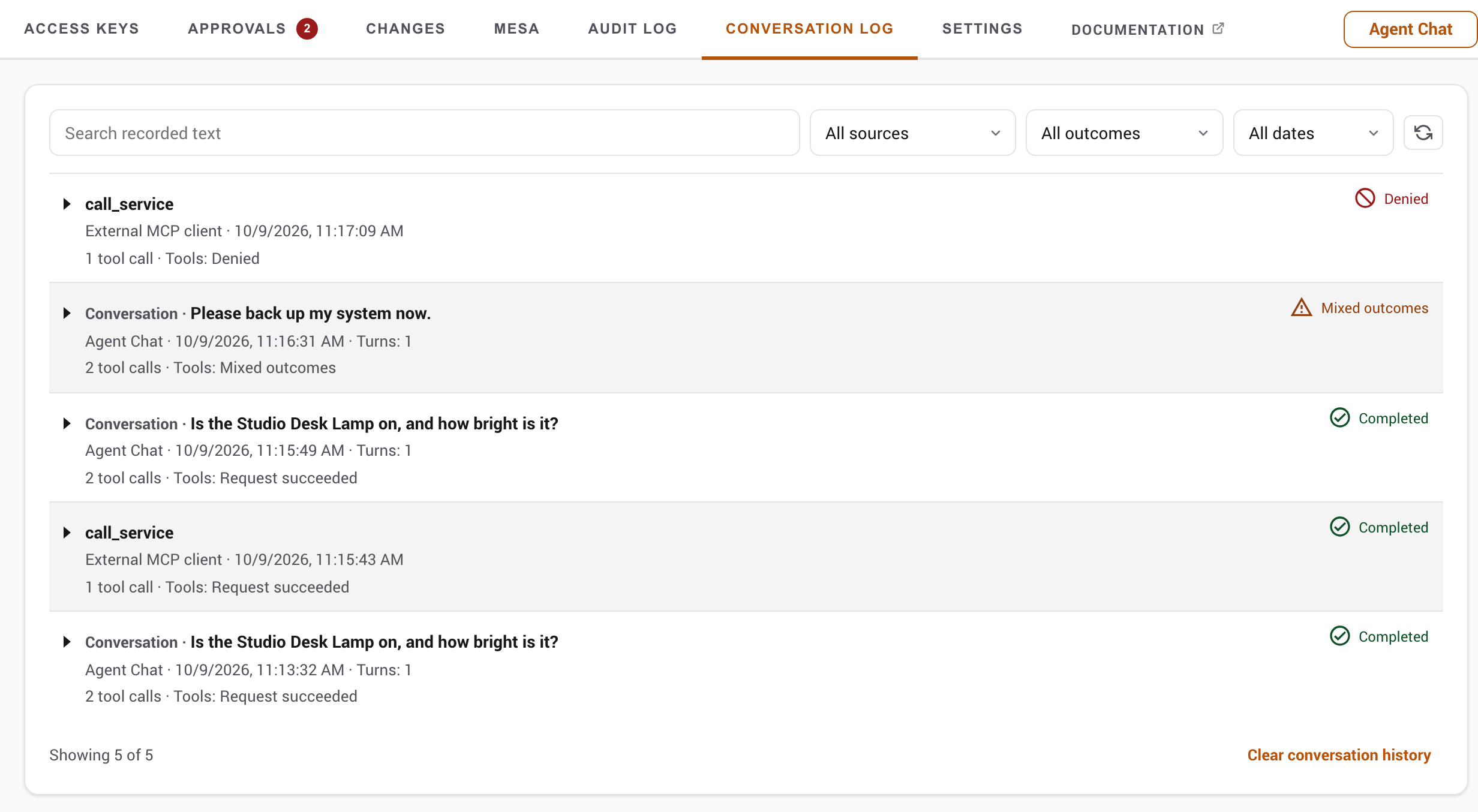 The Conversation Log tab listing Agent Chat conversations and external MCP calls with their outcomes