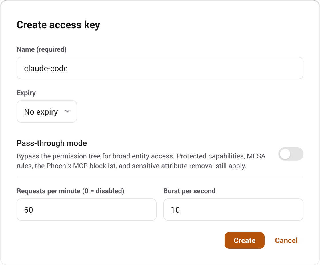 The Create access key dialog with the name claude-code entered