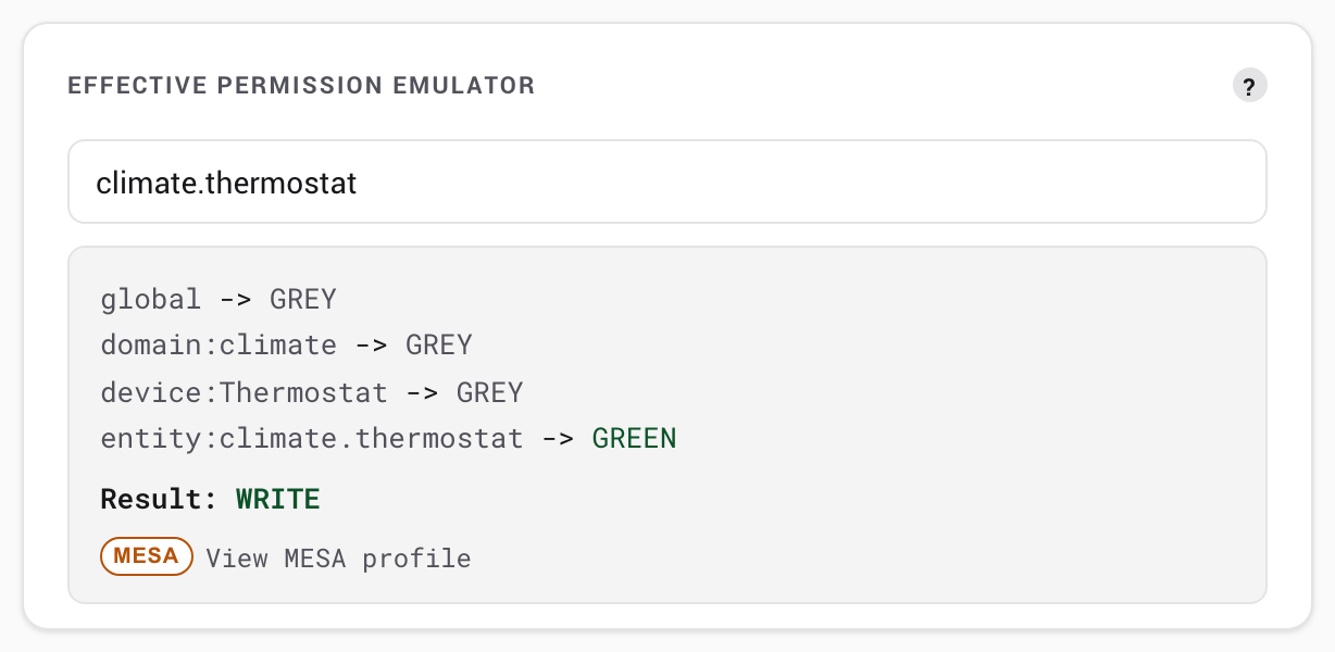 The effective-permission emulator showing a result and the deciding ancestor