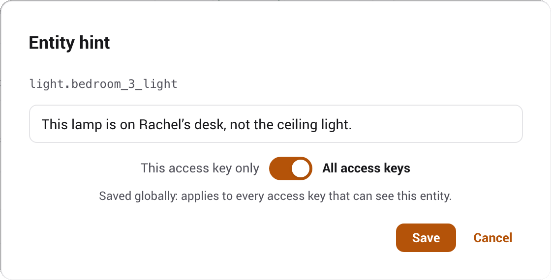 The entity hint editor with the access-key-only and all-access-keys scope toggle