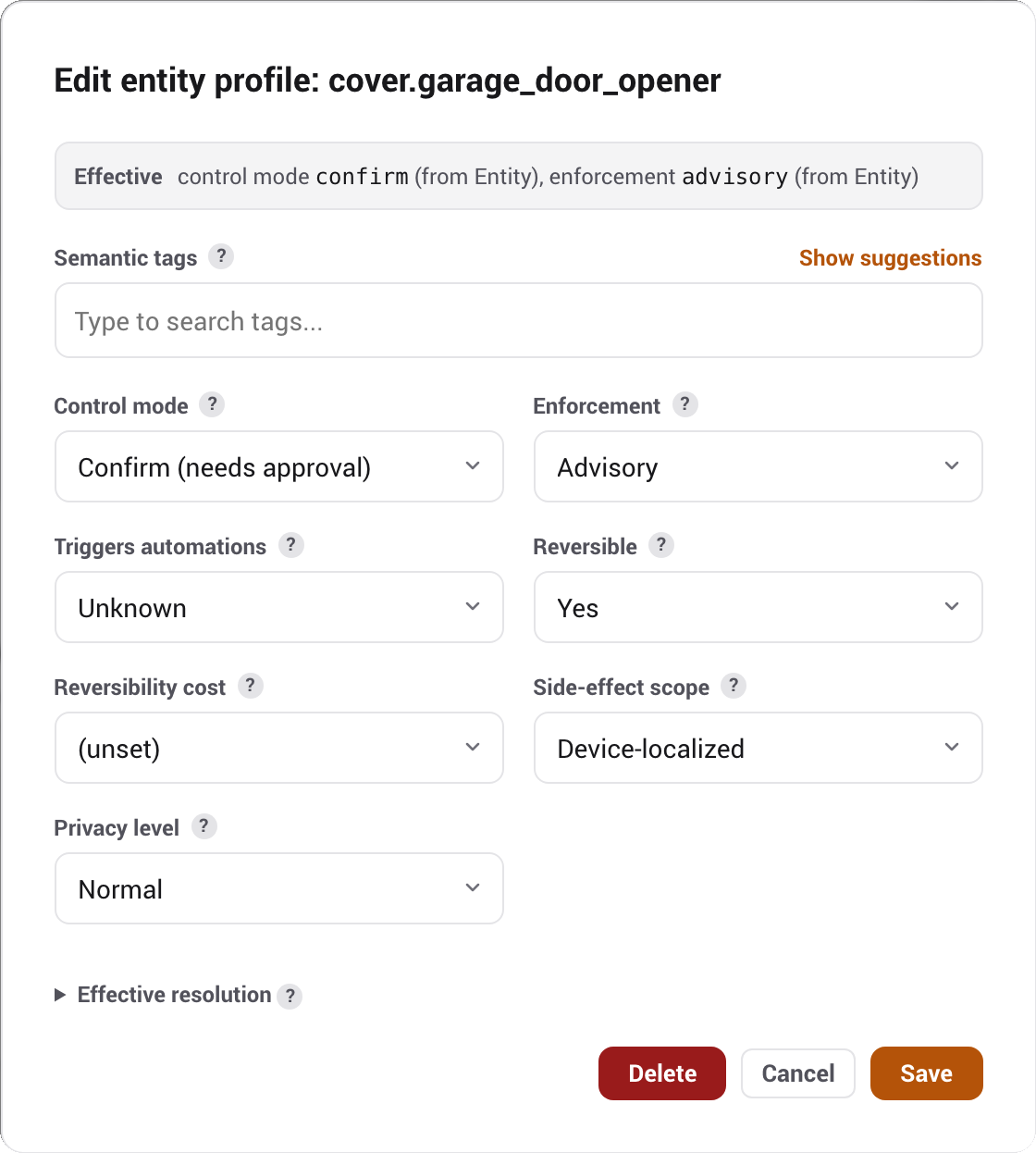The MESA profile editor with control mode and canonical tags