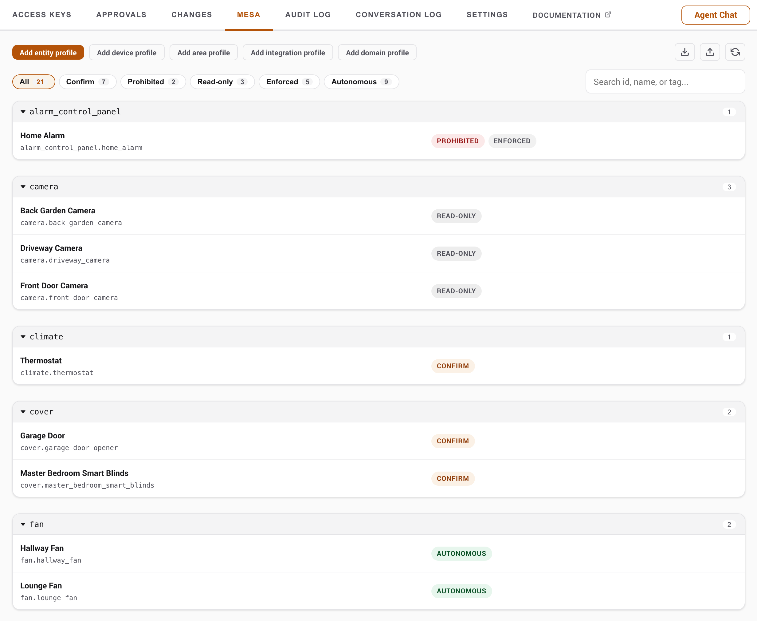 The MESA tab listing entity profiles grouped by control mode