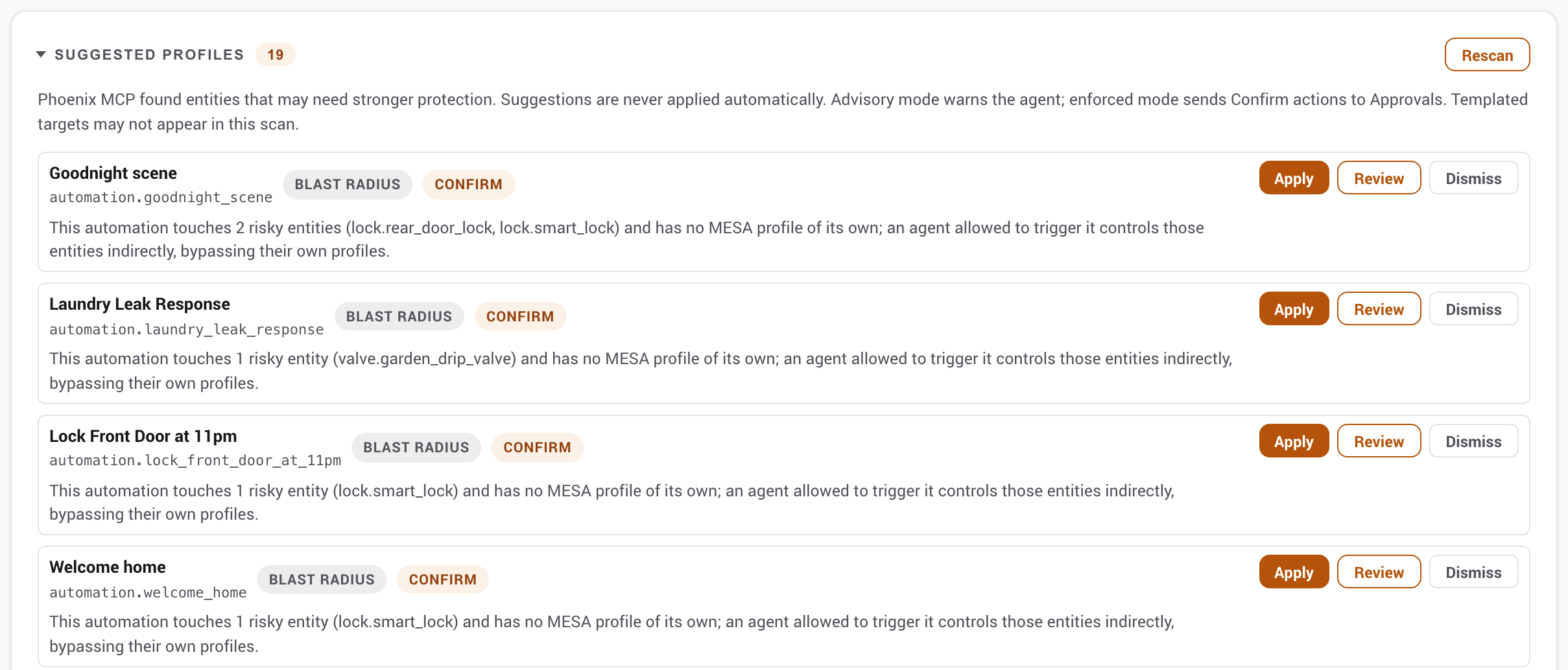 The Suggested profiles section listing automations with their blast radius and the Apply, Review and Dismiss actions