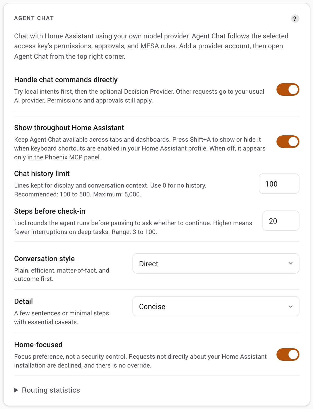 The Agent Chat card in Settings with command handling, history limit, steps before check-in, style and detail