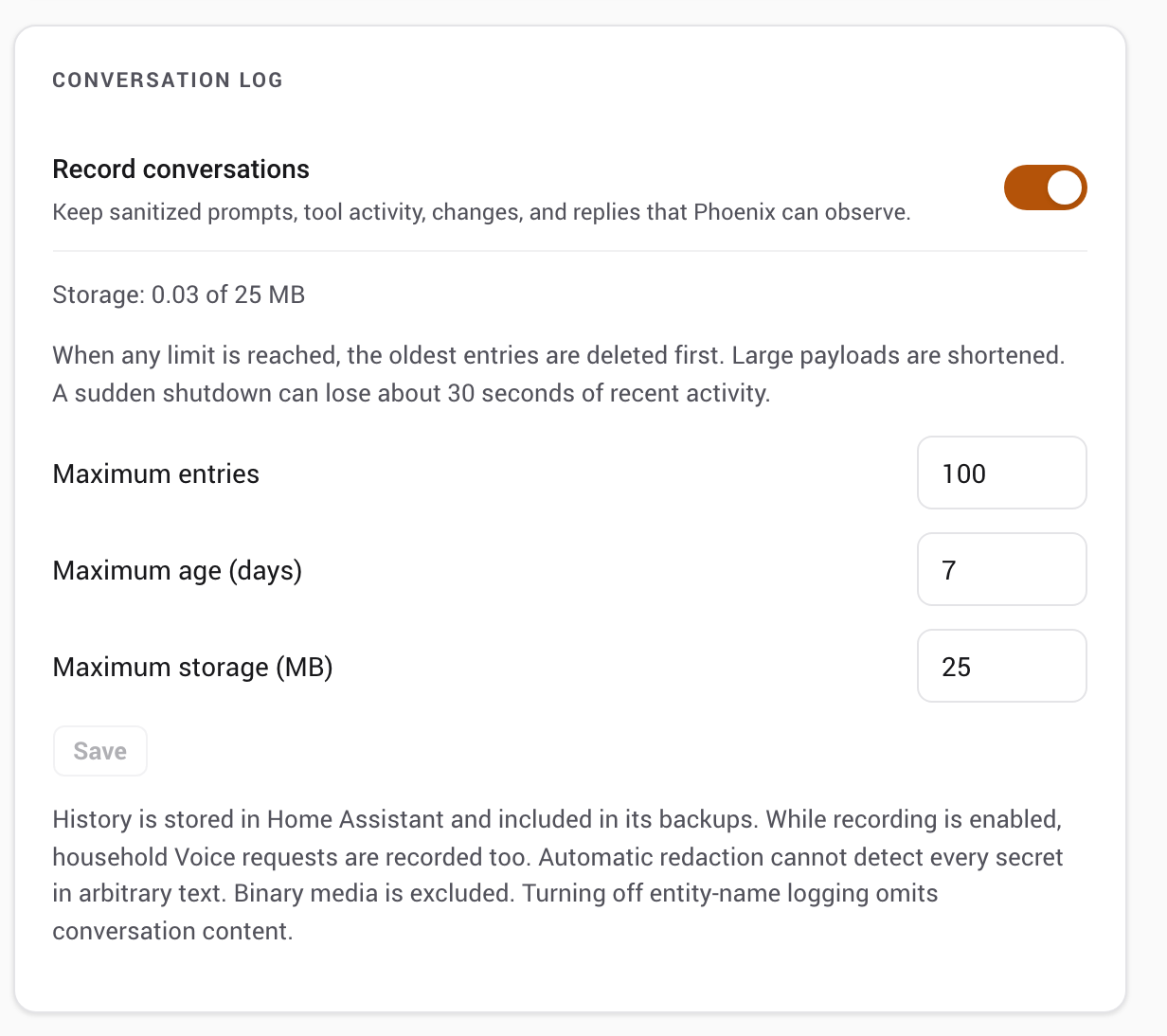 The Conversation Log card in Settings with the recording toggle and the entry, age and storage limits