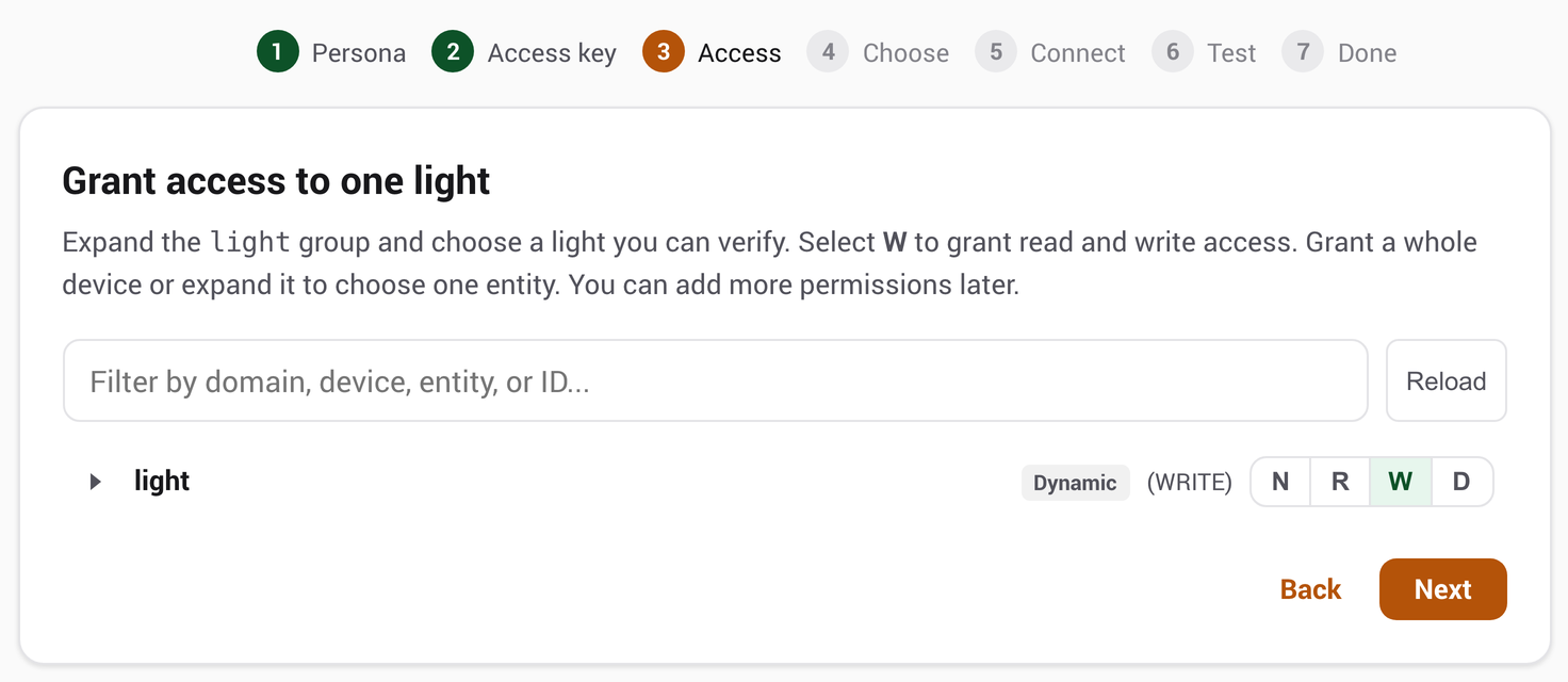 Step 3 of the guided setup: the light domain set to W for write access
