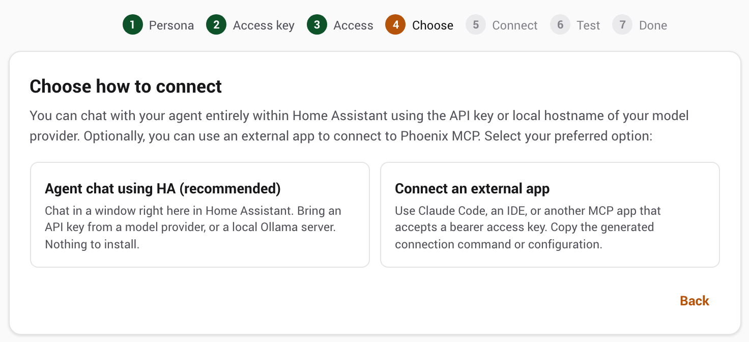 Step 4 of the guided setup: choose between Agent chat using HA and connecting an external app