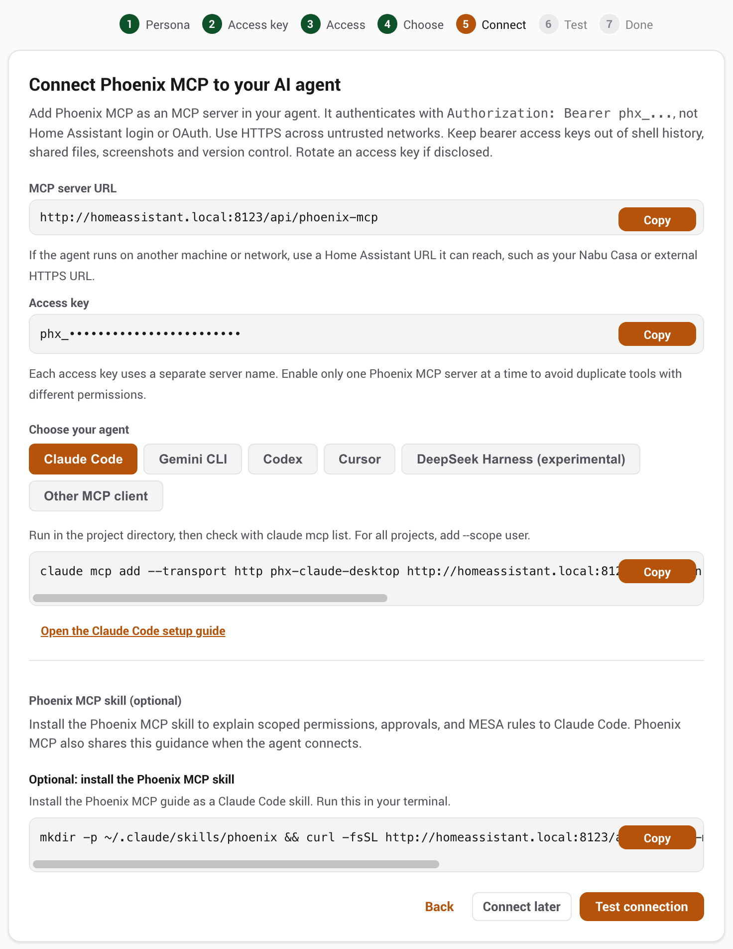The wizard's connect step showing the MCP server URL, the access key and a ready-to-paste command per agent
