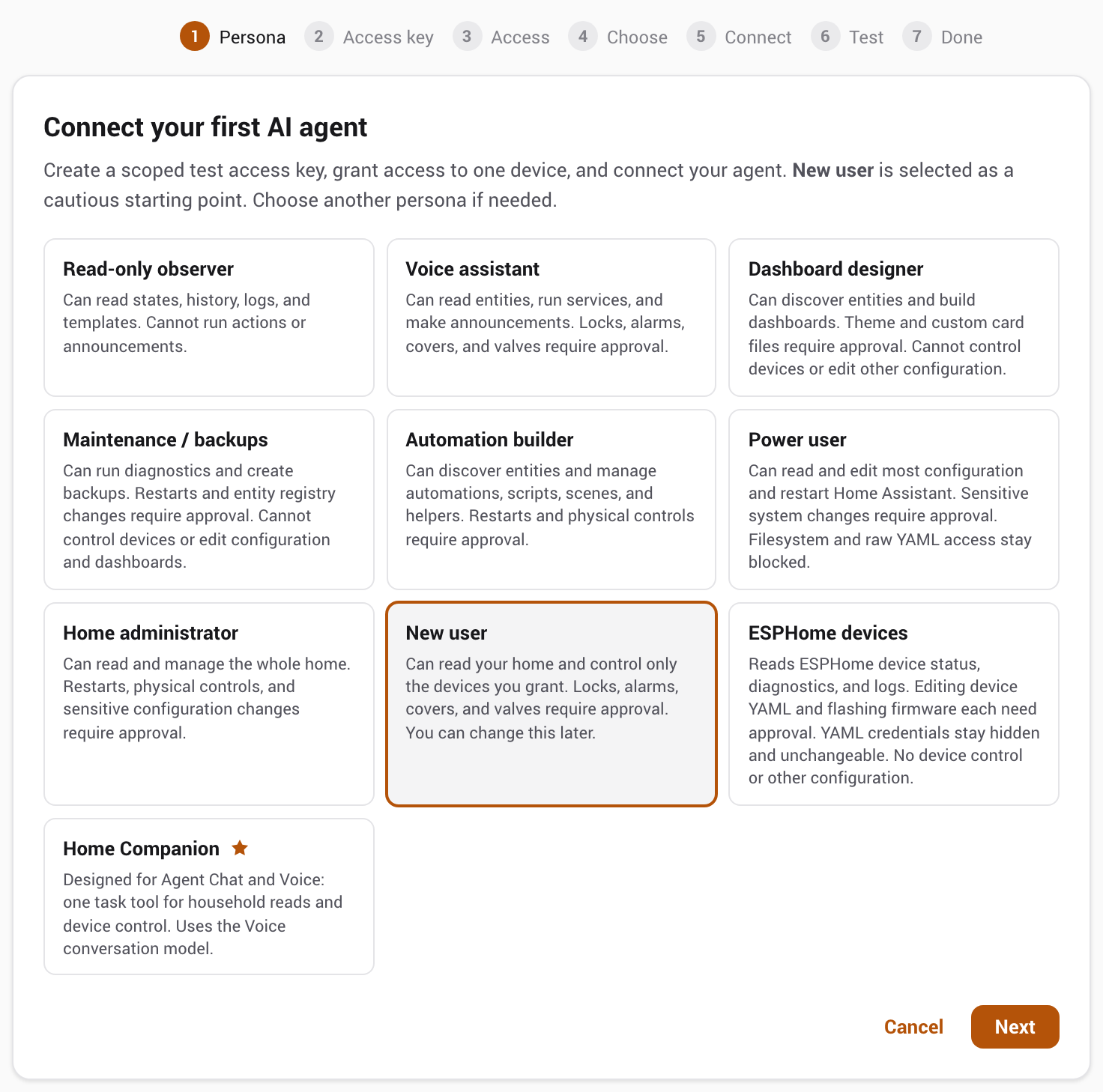Step 1 of the guided setup: choose a persona, with New user preselected