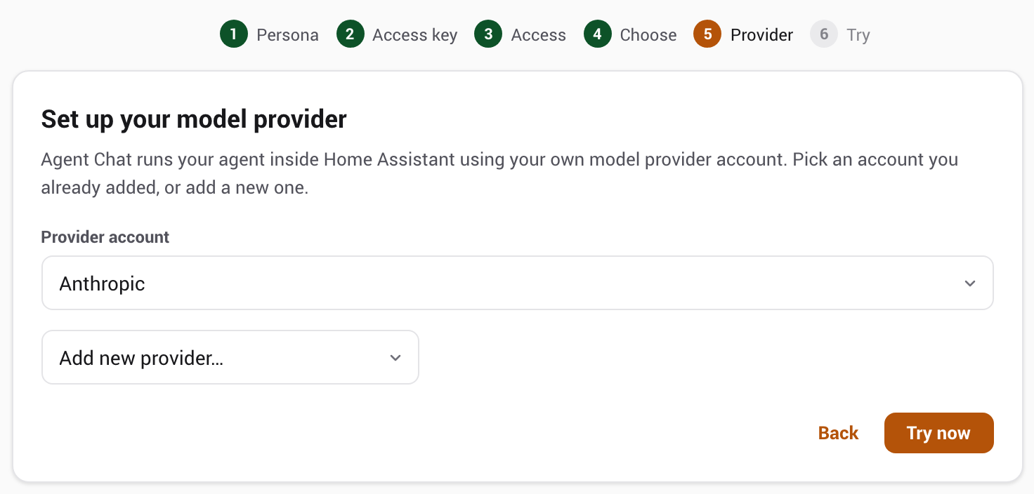 The model provider step with an existing provider account selected