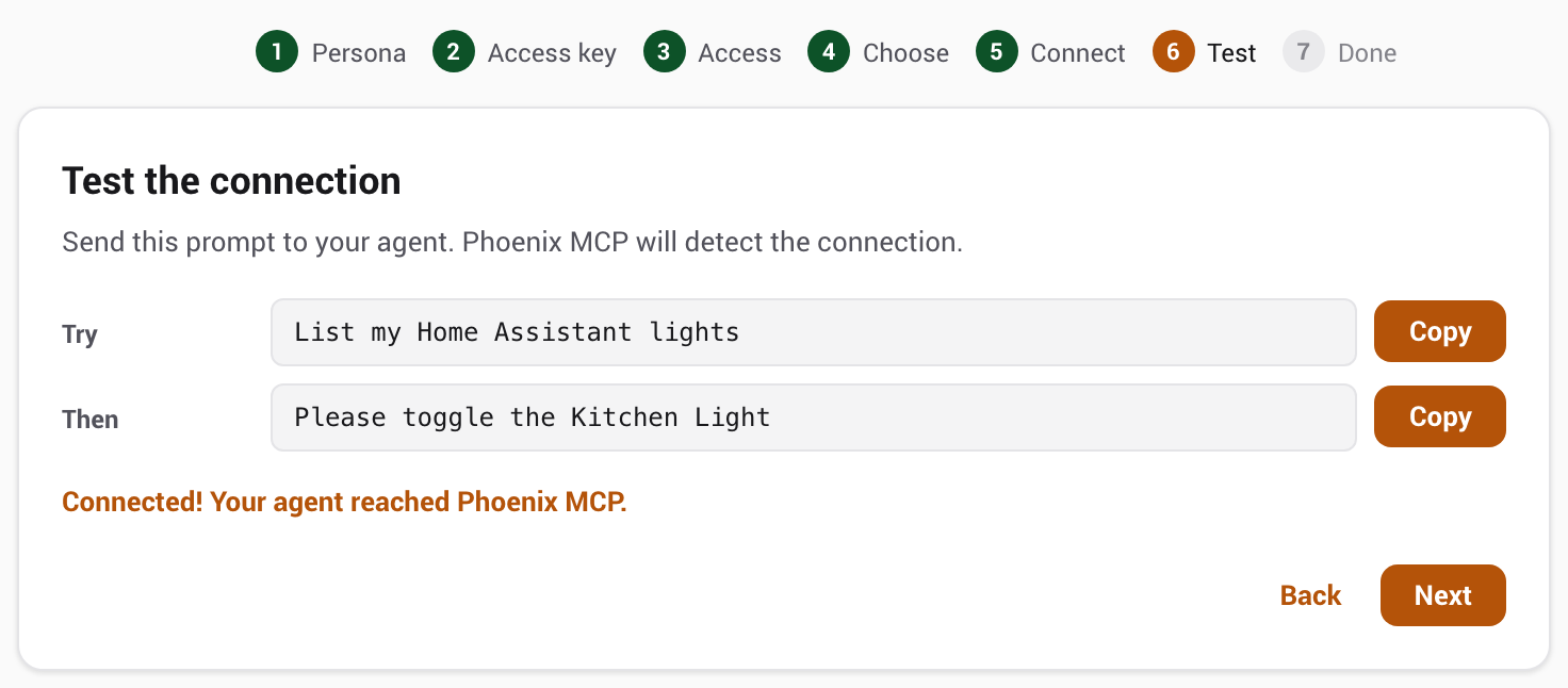 The wizard's test step reporting that the agent reached Phoenix MCP