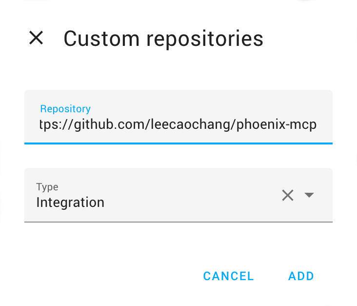 HACS custom repositories dialog with the Phoenix MCP repository URL entered and Integration selected