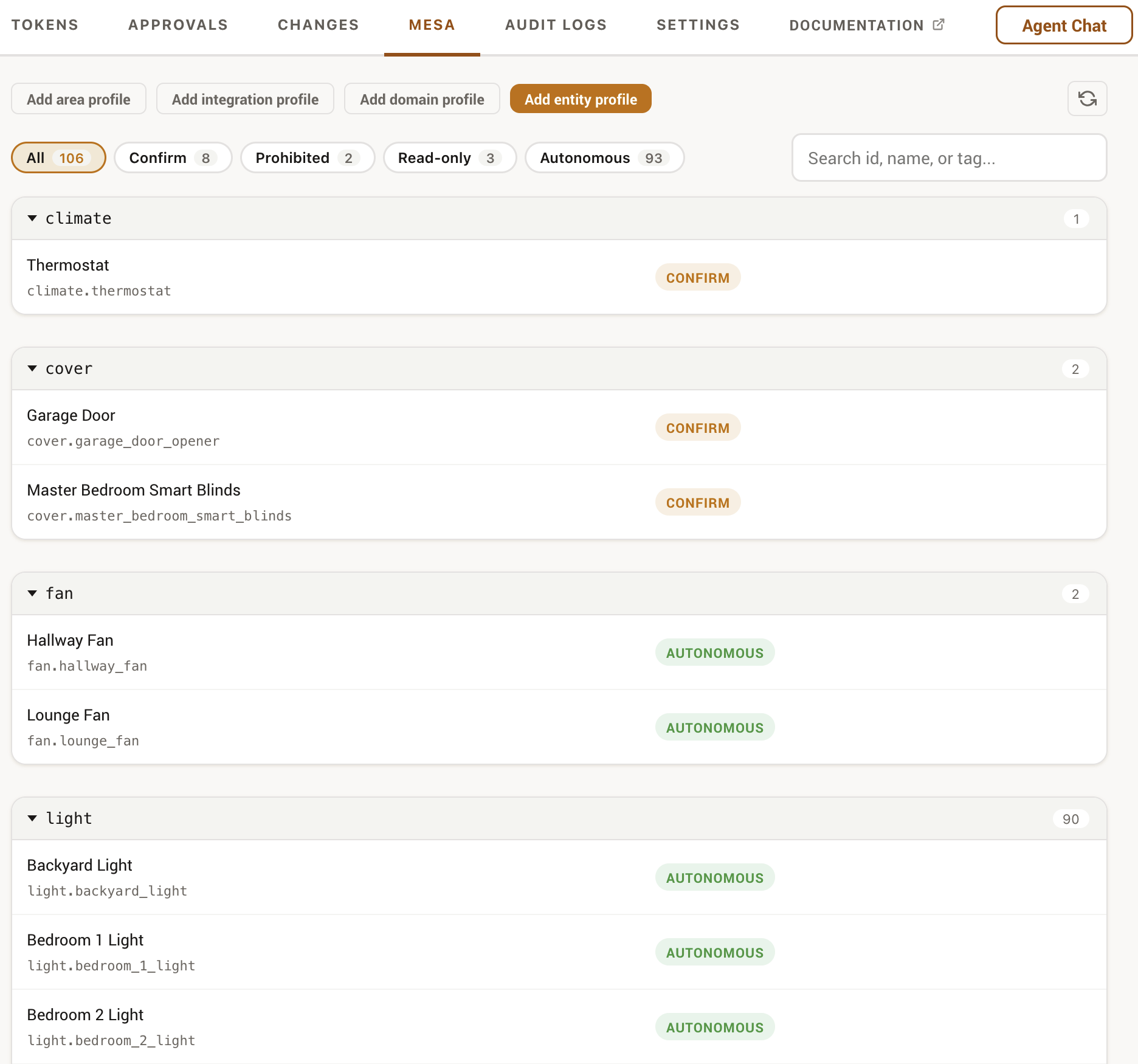 The MESA tab listing entity profiles grouped by control mode