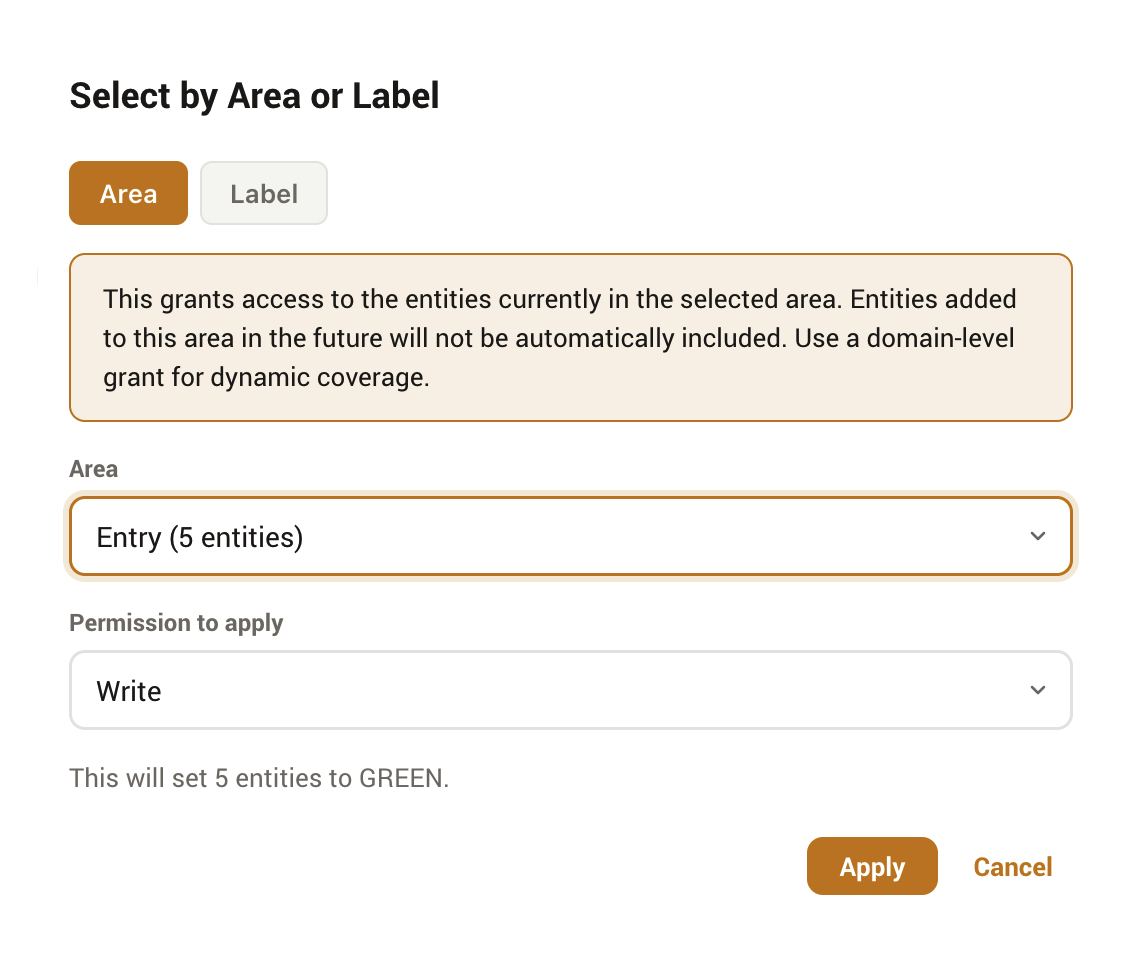 The Select by Area or Label dialog grouping entities by area