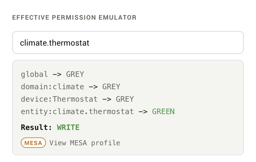 The effective-permission emulator showing a result and the deciding ancestor