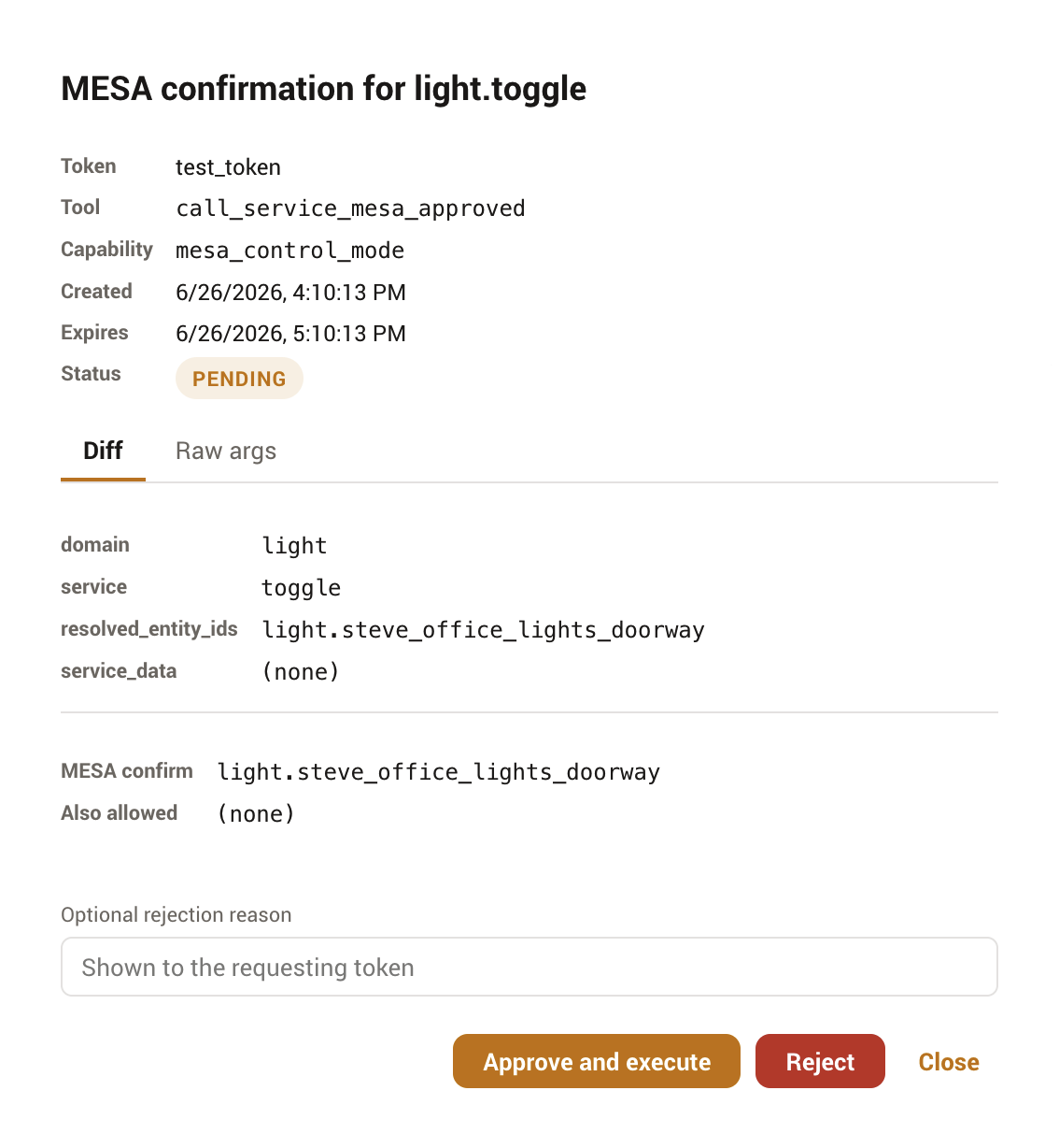 A pending MESA confirmation approval with its diff and approve or reject actions