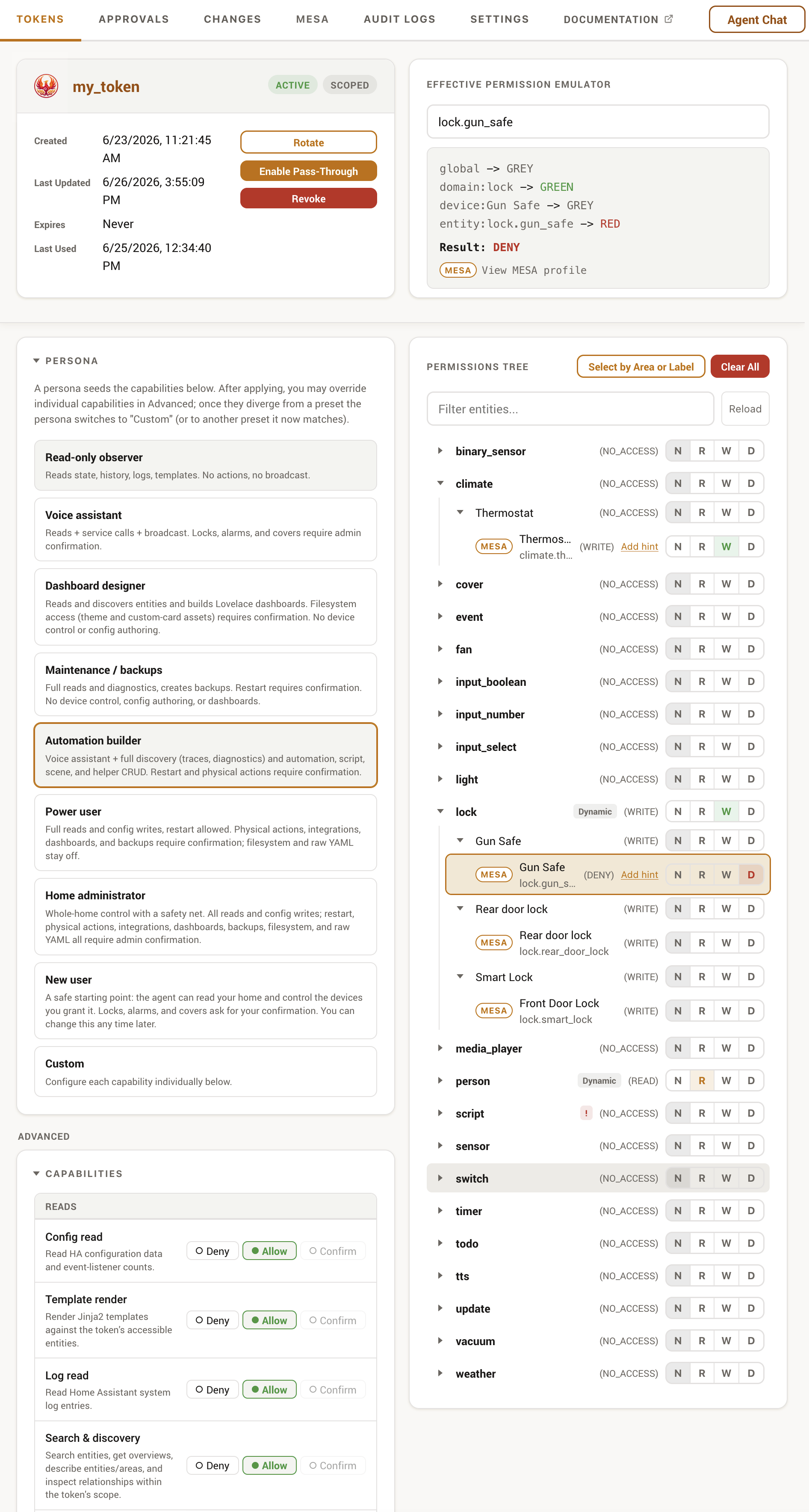 A token detail page showing the capability matrix and persona