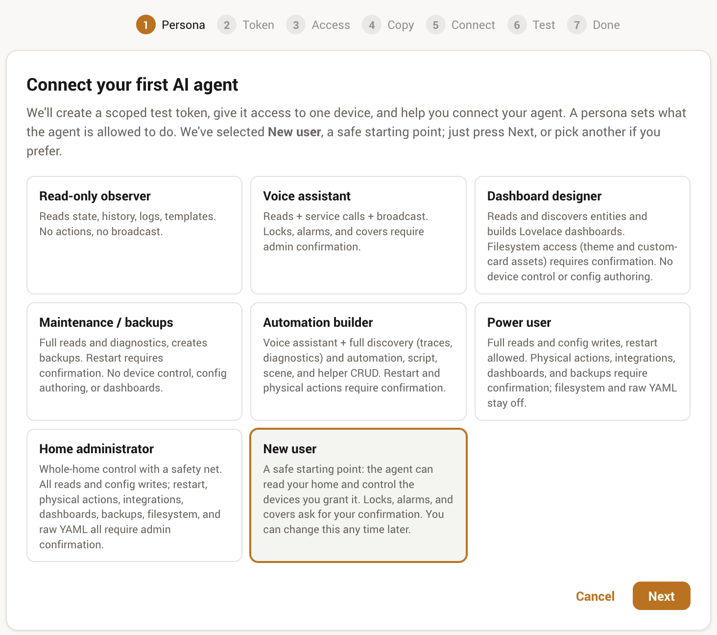 The wizard's persona step with New user selected