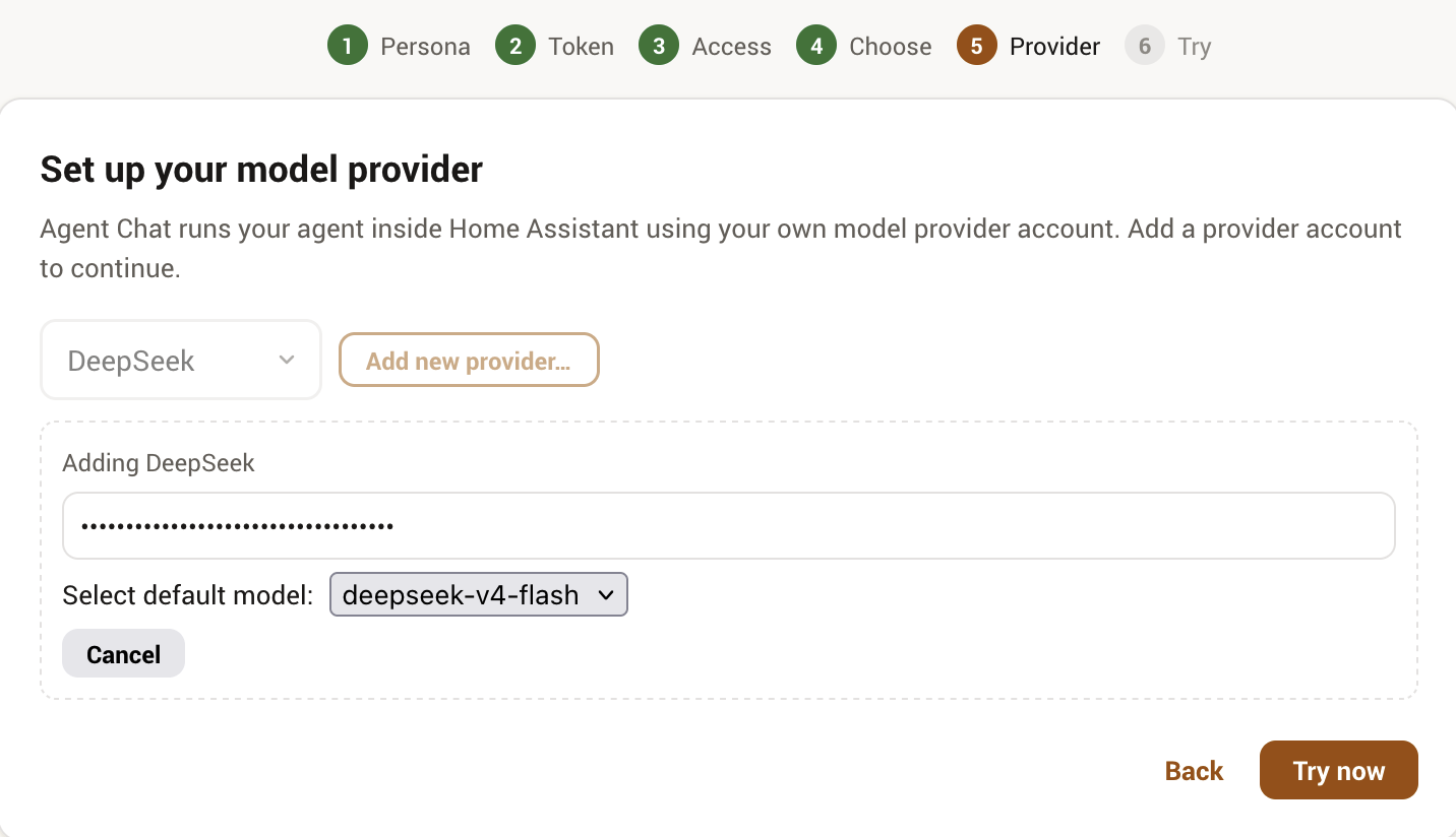 The wizard's next step validates the prover's API key and selects a default model.