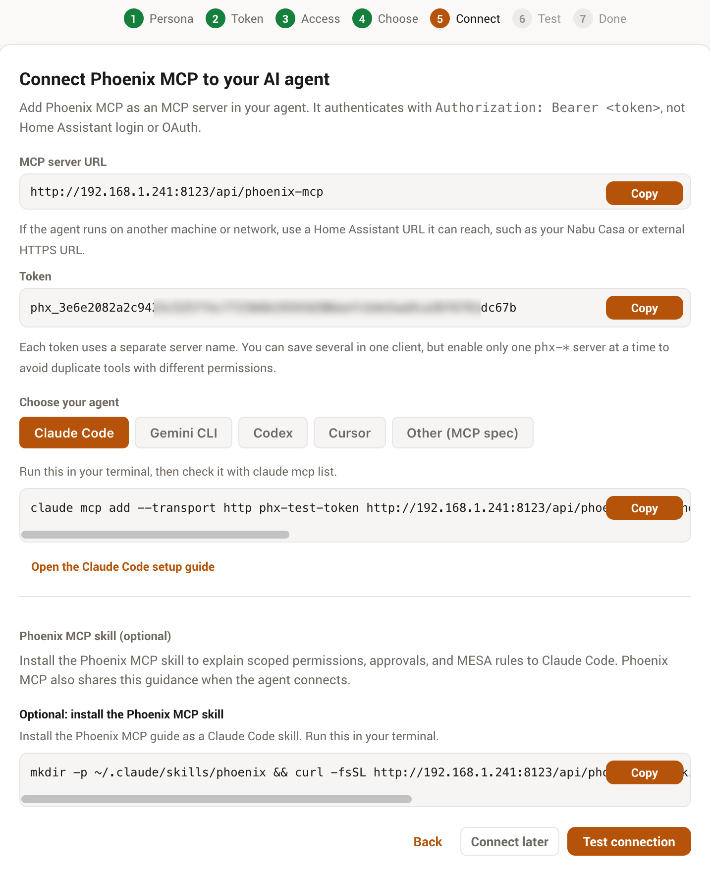 The wizard's connect step with the MCP server URL, the token, and a ready-to-paste command per agent