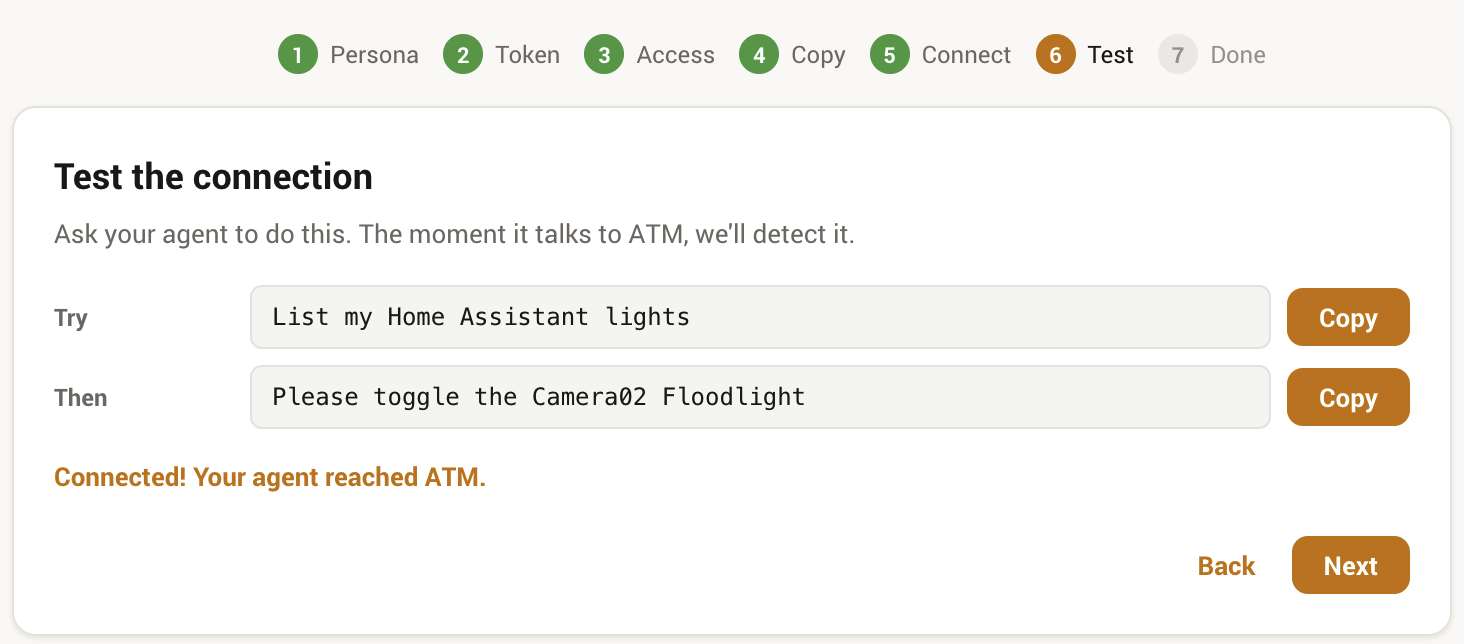 The wizard's test step showing Connected after the agent reached Phoenix MCP